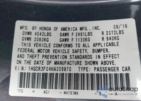 2017 Honda Accord Ex-L V6 from USA, damaged, VIN 1HGCR3F04HA009870